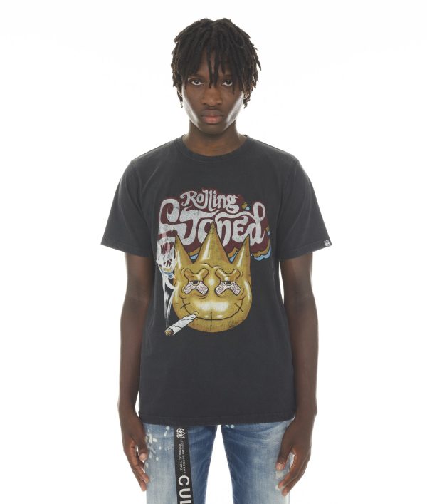 SHORT SLEEVE CREW NECK TEE  ROLLING STONED  IN BLACK AC DC WASH on Sale